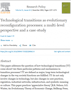 Technological transitions as evolutionary reconfiguration processes : a multi-level perspective and a case-study