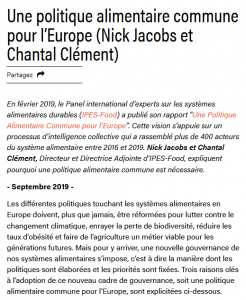 Une politique alimentaire commune pour l’Europe (Nick Jacobs et Chantal Clément)